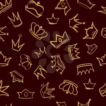 Crown pattern. Textile vector design of golden diadem king crowns vector premium luxury hand drawn seamless background. Diadem crown pattern, royal king texture illustration