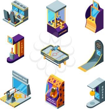 Game machines. Amusement park fun for kids arcade racing pinball drive game automat vector isometric. Recreation active pinball and boxing controller illustration