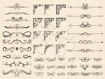 Calligraphic borders and corners. Ornamental frames floral ornate elements for wedding cards vector classic templates collection. Foliate calligraphy element curve label illustration