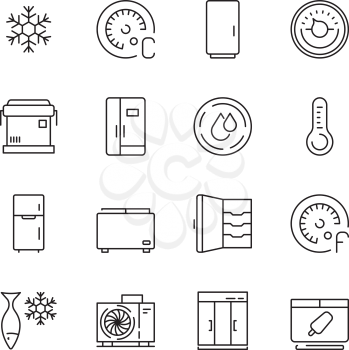 Fridges icon. Freezer commercial cold compact home refrigerator opened closed vector symbols. Illustration freezer cold, fridge equipment, refrigerator for kitchen