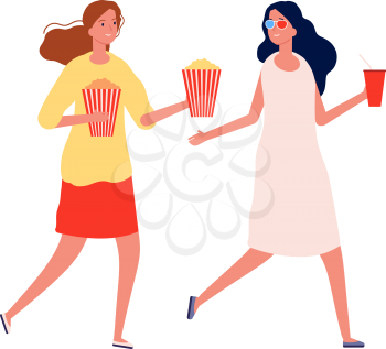 Girlfriends meeting. Women with popcorn and drinks. Isolated cinema visitors, flat female characters on weekend entertaiment vector illustration. Woman girlfriend meeting and conversation