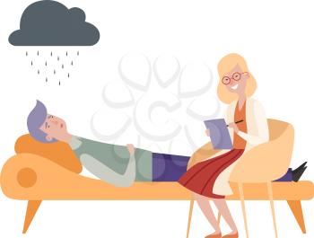 Psychotherapy session. Female doctor, depressed man on couch. Flat cartoon guy with mental disorder vector illustration. Psychiatrist support and consultant therapy
