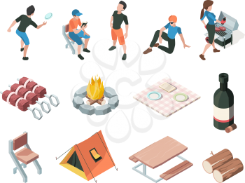 Bbq party. People relax picnic outdoor barbecue fresh products eating persons family playing vector isometric. Woman and man, bottle wine and barbeque meal steak illustration