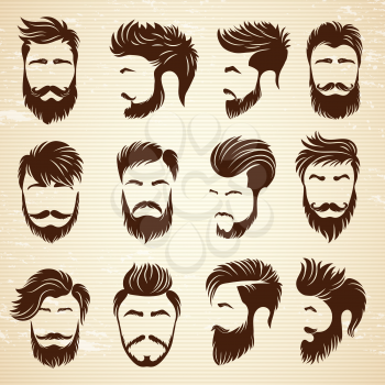 Male hairstyle. Beauty haircut salon for man styling barber shaved grooming vector collection. Haircut fashion, beard and hair style illustration
