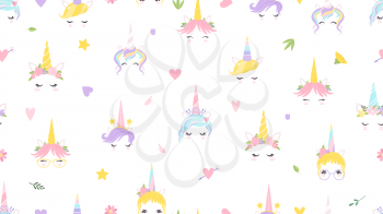 Unicorn faces pattern. Cute magic background. Fairy tale print for baby girl vector illustration. Fairytale princess horse, beautiful colorful pattern to birthday