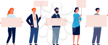 Protest people. Demonstration woman man with placards. Isolated flat characters holding banners vector illustration. People holding banner, woman protester political