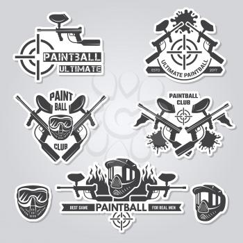 Paintball labels. Sport badges active games with gun and paint shooter team labels vector logos collection. Paintball logotype and shooting extreme illustration