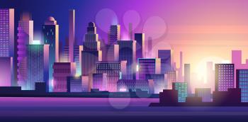 Cyberpunk city. Neon glow lighting urban landscape purple colored dark futuristic town vector background. Cyberpunk building, futuristic cityscape tower illustration