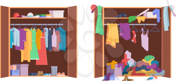 Messy clothes wardrobe. Modern interior storage with opening and closed organized wardrobe vector set. Wardrobe clothes, messy clothing in closet illustration