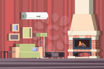 Fireplace in interior. Relax with sofa in room near decorated fireplace vector cartoon background. Illustration fireplace interior, firewood in room