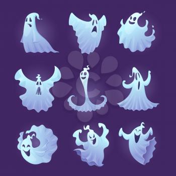 Funny ghost. Halloween scary characters little spooky ghosts vector illustrations. Ghost spooky, spirit character phantom, smile halloween