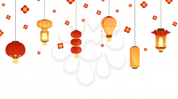Asian lanterns banner. Chinese new year, festival or party background. Flat paper hanging lamps and falling flowers vector illustration. China new year holiday banner celebrate