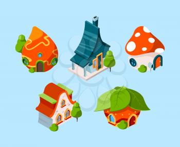 Fairytale house isometric. Fantasy buildings for 3d games cartoon construction vector. Illustration 3d fairytale building for game design