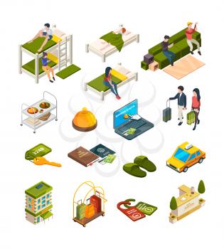 Hostel isometric. Hotel business symbols sofas hostelers travellers luggage couch vector collection. Illustration isometric hotel room, 3d interior furniture, staff receptionist