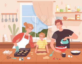 Preparing food on kitchen. Cartoon background with happy family characters making delicious products chef baking vector. Family cooking together, mother father and son illustration