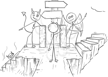 Cartoon vector of angel and devil standing on crossroad with two empty arrow signs and showing a man two ways to decide between hell and heaven