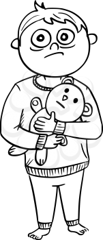 Hand drawing cartoon vector illustration of small scared boy in pyjamas or nightclothes holding a teddy bear.