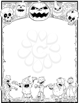 Hand drawing cartoon Halloween frame with cute zombie,skull and pumpkin illustrations.
