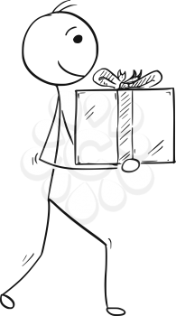Cartoon stick man drawing illustration of man walking and holding large paper box gift present with ribbon.