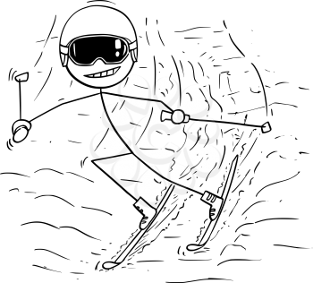 Cartoon stick man drawing illustration of male skiing downhill slope in cold winter sport.