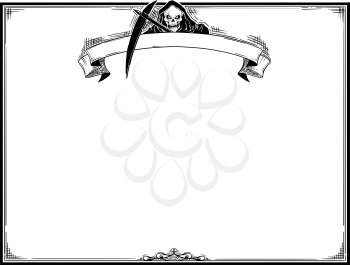 Hand drawing cartoon Halloween frame with grim reaper in hood with scythe.