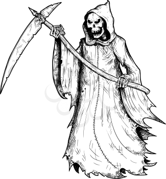 Hand drawing illustration of halloween grim reaper, human skeleton with scythe, personification of death.