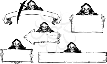 Set of halloween frames and empty signs with hand drawing grim reaper illustration