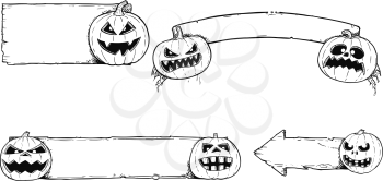 Set of autumn halloween frames and empty signs with hand drawing funny and scary cartoon pumpkin illustrations.