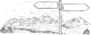 Vector cartoon drawing of empty blank road traffic sign in mountain area.