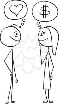 Cartoon stick man drawing illustration of difference between man and woman talking about money dollar sign and love heart symbol.