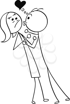 Cartoon stick man drawing illustration of woman resisting the kiss from man in love with heart symbol above, sexual harassment 