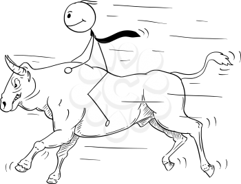 Cartoon stick man drawing conceptual illustration of businessman riding bull. Business concept of rising market and growth.