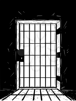 Cartoon vector doodle drawing illustration of prison or jail door made from iron bars casting shadow.