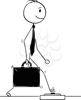 Cartoon stick man drawing conceptual illustration of successful businessman walking and step on land mine on the ground. Business concept of competition and trap.