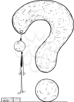 Cartoon stick man drawing conceptual illustration of dead suicide businessman hanged on large question mark.
