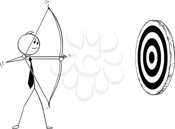 Cartoon stick man drawing conceptual illustration of businessman with bow shooting at target or clout. Business concept of motivation and determination.