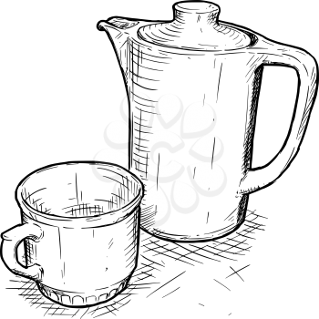 Vector artistic pen and ink hand drawing illustration of teapot and cup.