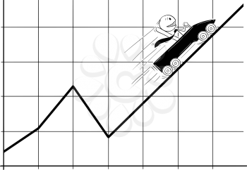 Cartoon stick man drawing conceptual illustration of businessman in roller coaster moving fast up on the chart or graph. Business concept of success and growth.