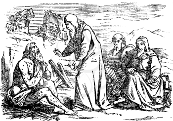 Vintage antique illustration and line drawing or engraving of biblical story of Job.From Biblische Geschichte des alten und neuen Testaments, Germany 1859.Old sick man is talking with three friends about his pain.