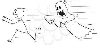Cartoon stick drawing conceptual illustration of frightened man running away from ghost. Halloween theme.