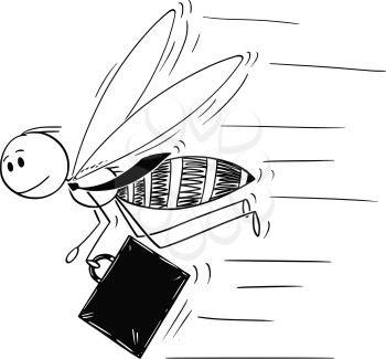 Cartoon stick drawing conceptual illustration of businessman depicted as hardworking insect bee or honeybee in hurry to do more work.