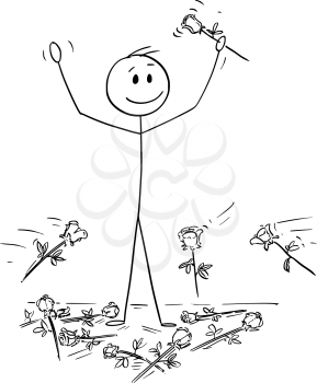 Cartoon stick drawing conceptual illustration of man on stage to who was given standing ovation and flowers are thrown from audience. Metaphor of success.