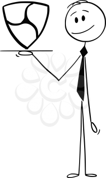 Cartoon stick drawing conceptual illustration of waiter or businessman holding tray or salver and offering Nem cryptocurrency currency symbol or sign.