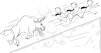 Cartoon stick drawing conceptual illustration of group of businessmen running uphill away from angry bull as rising market prices symbol. But way ends in chasm.