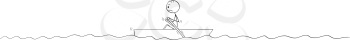 Cartoon stick figure drawing of lonely man or survivor paddling alone in small boat with paddles in middle of sea or nowhere on water.