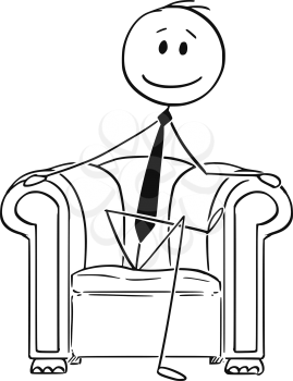 Cartoon stick figure drawing conceptual illustration of successful businessman sitting in chesterfield club chair with legs crossed.