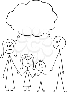 Cartoon stick figure drawing conceptual illustration of unhappy family, couple of man and woman and two children with empty speech or text balloon or bubble.