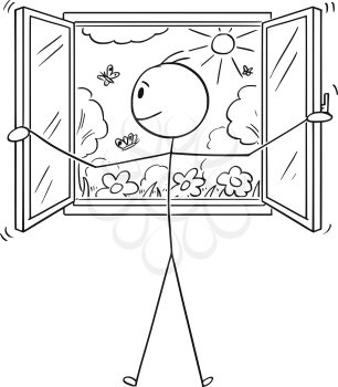 Cartoon stick figure drawing conceptual illustration of man opening window to beautiful garden or nature.
