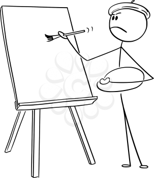 Vector cartoon stick figure drawing conceptual illustration of self-important man or artist with beret and palette painting on empty canvas with brush.