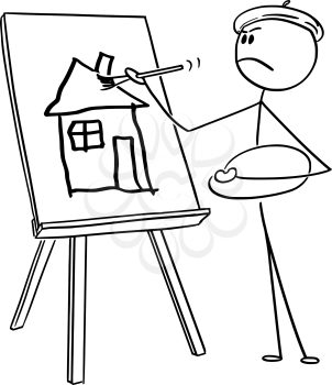 Vector cartoon stick figure drawing conceptual illustration of self-important man or artist with beret and palette painting amateurish house on canvas with brush.